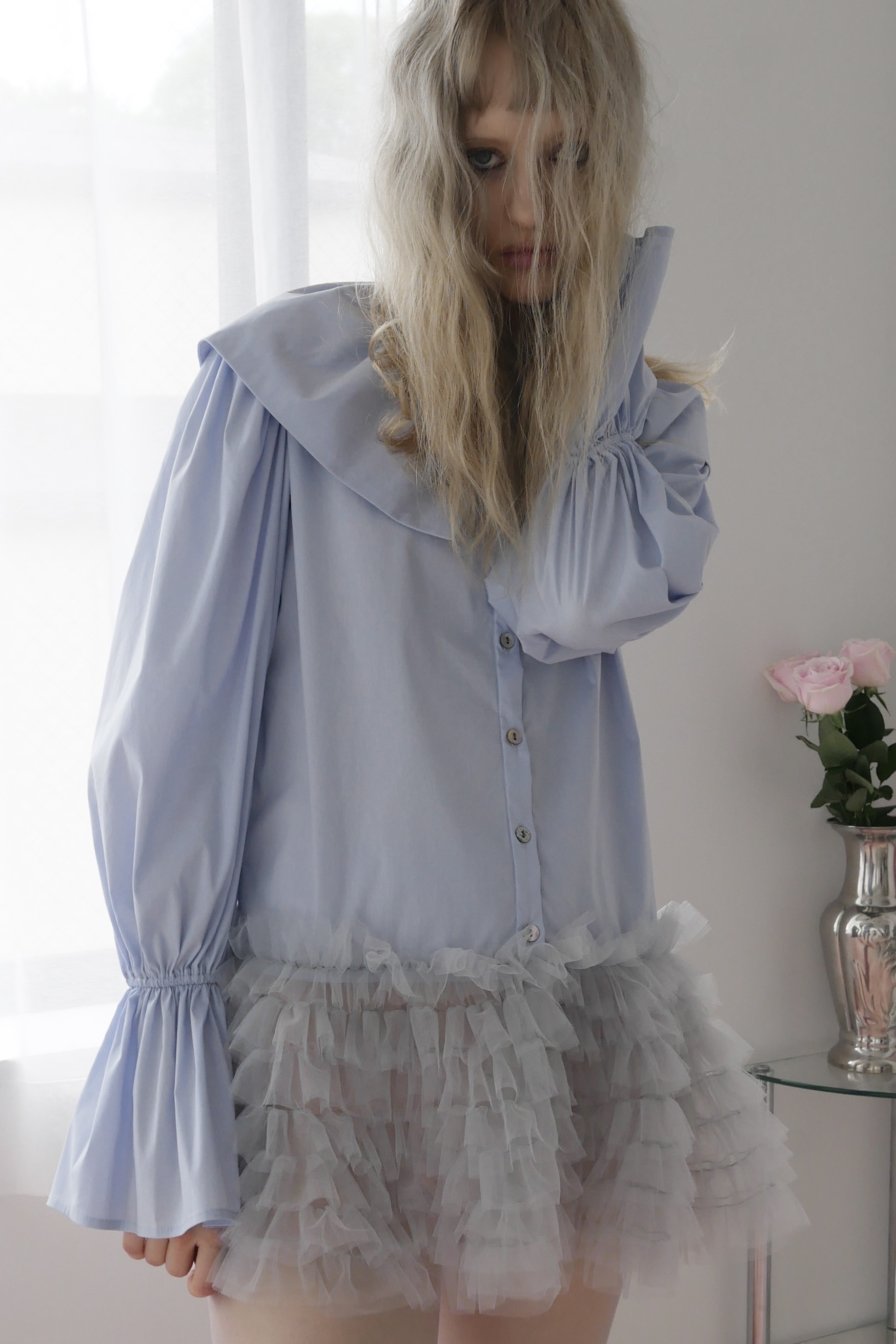 【HONEY MI HONEY】tulle peplum sailor blouse tunic