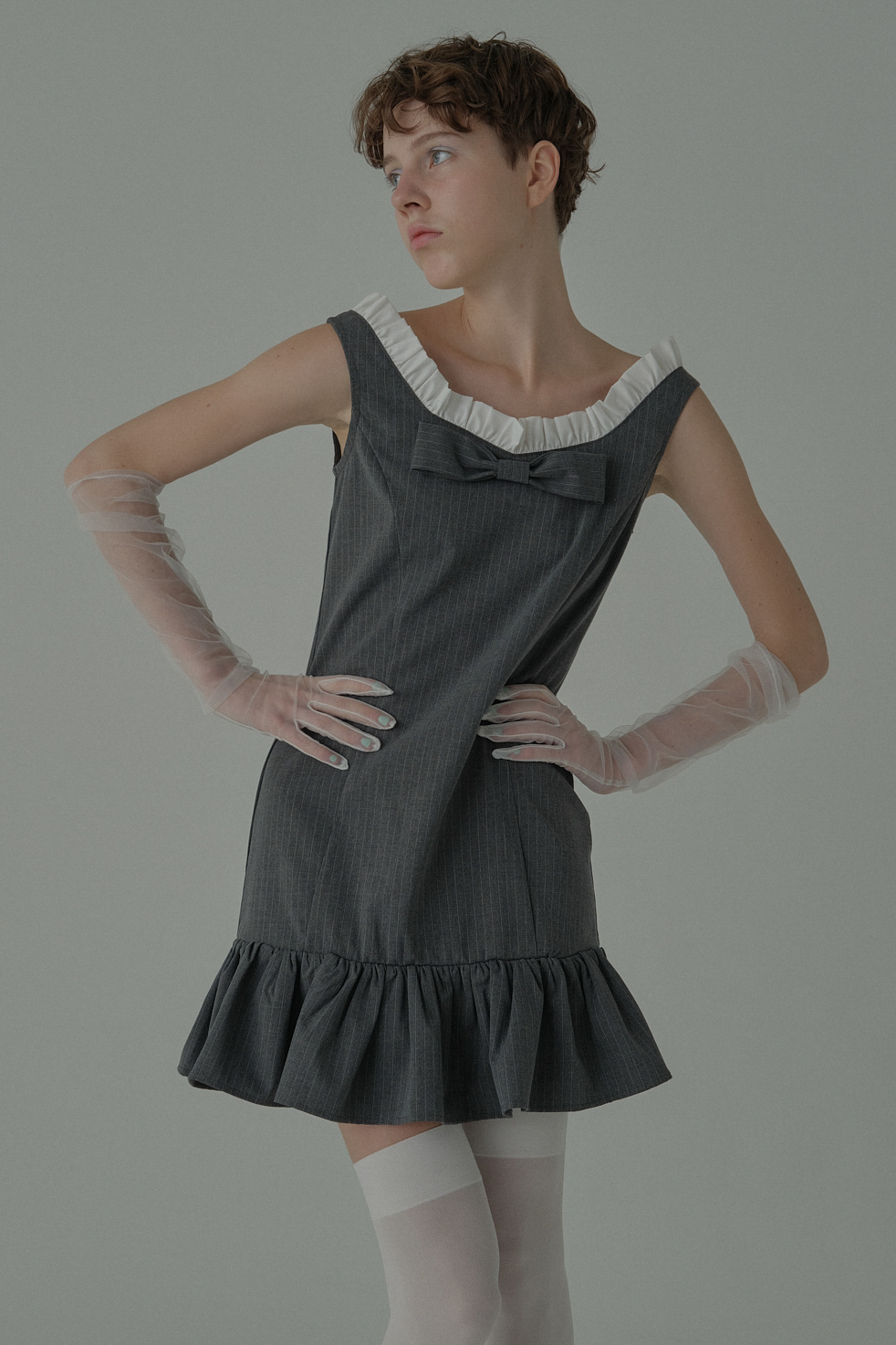 【HONEY MI HONEY】pinstripe ribbon mini one-piece