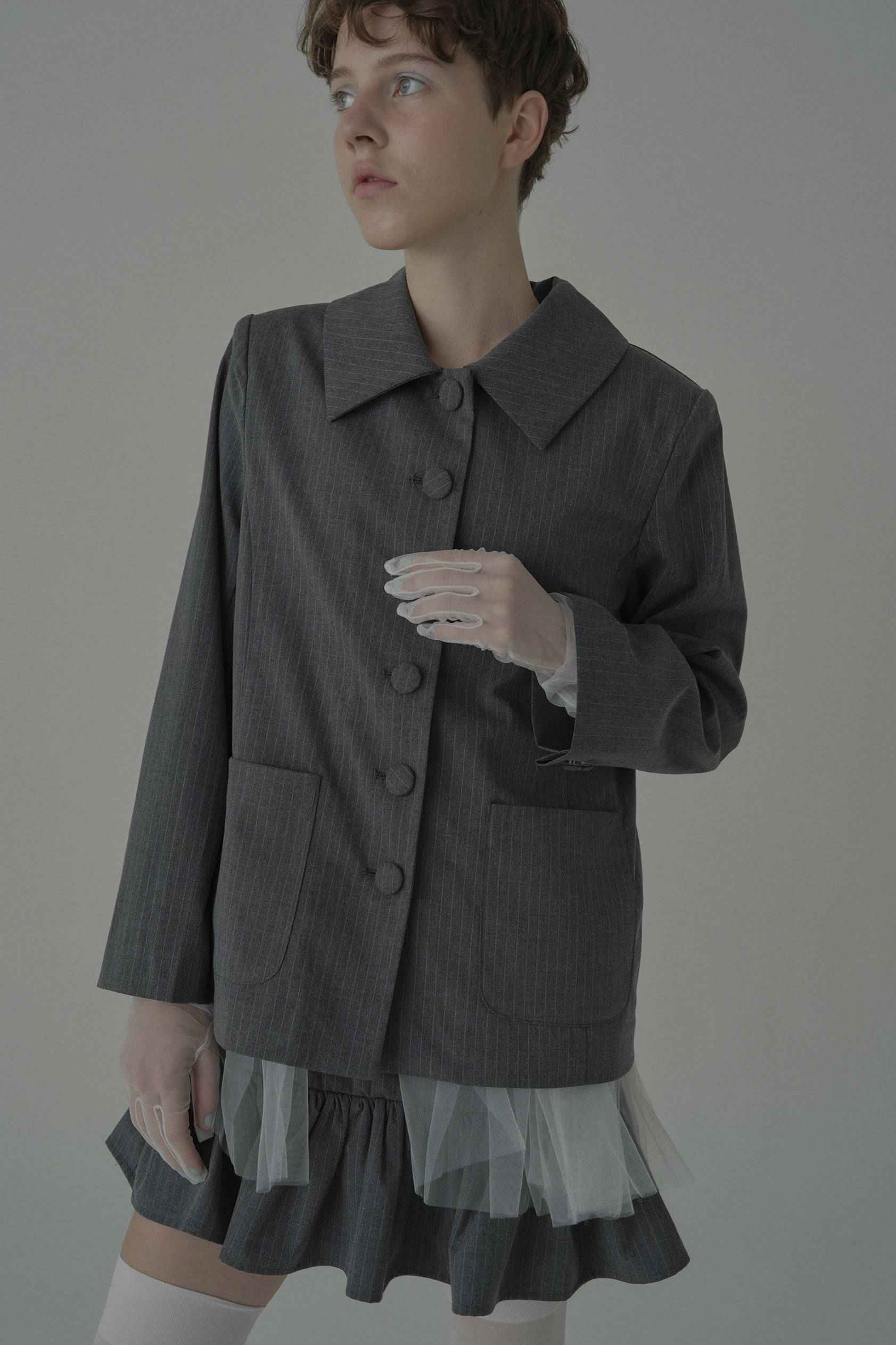 【HONEY MI HONEY】pinstripe tulle docking jacket