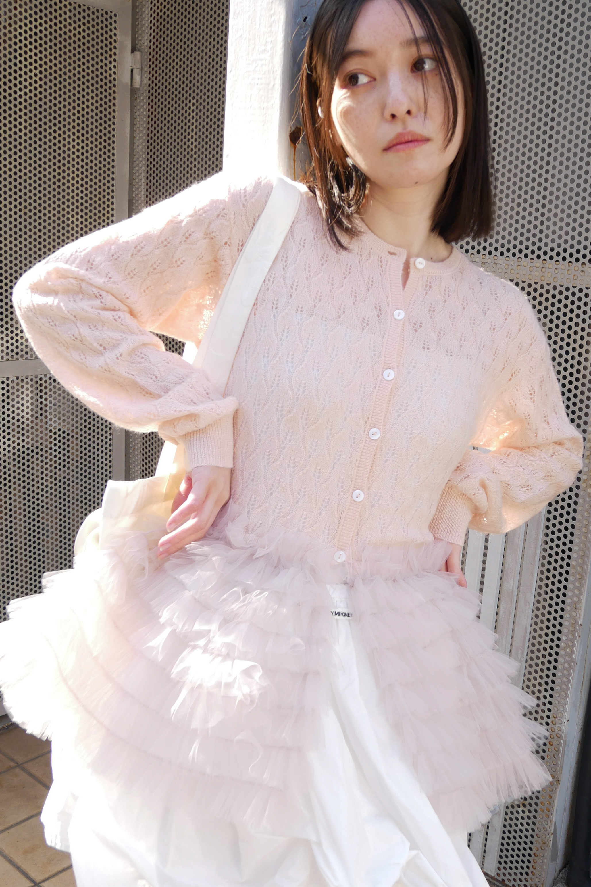 【HONEY MI HONEY】sheer mohair tulle peplum cardigan