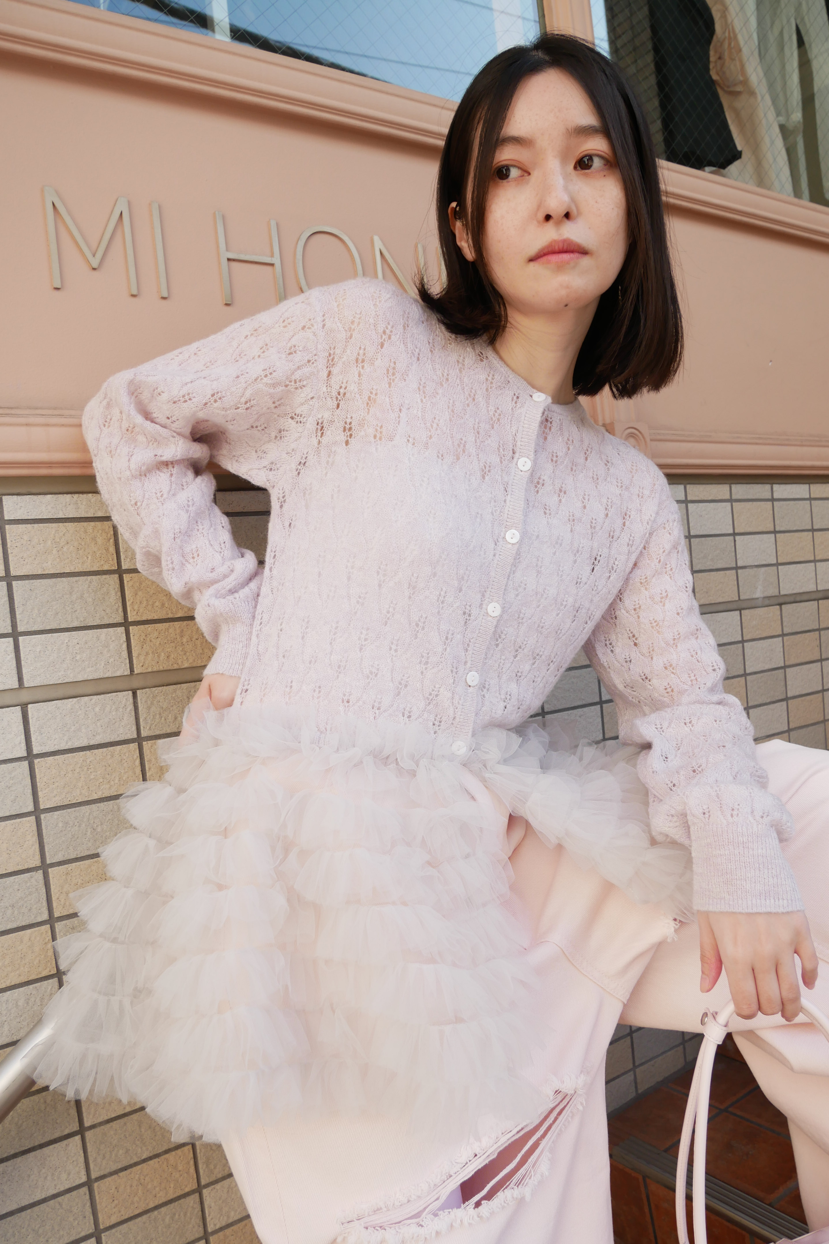 HONEY MI HONEY｜sheer mohair tulle peplum cardigan