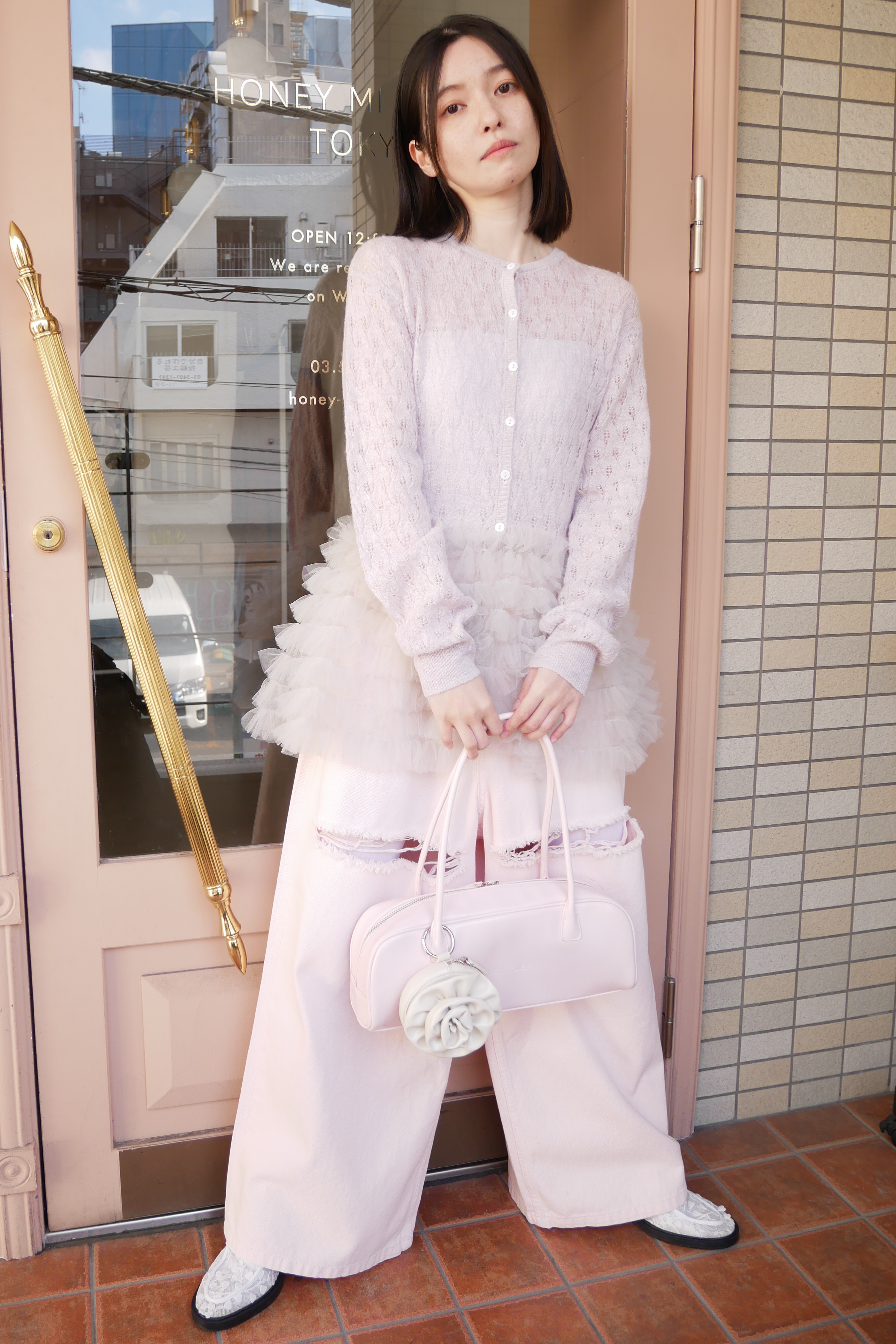 HONEY MI HONEY｜sheer mohair tulle peplum cardigan