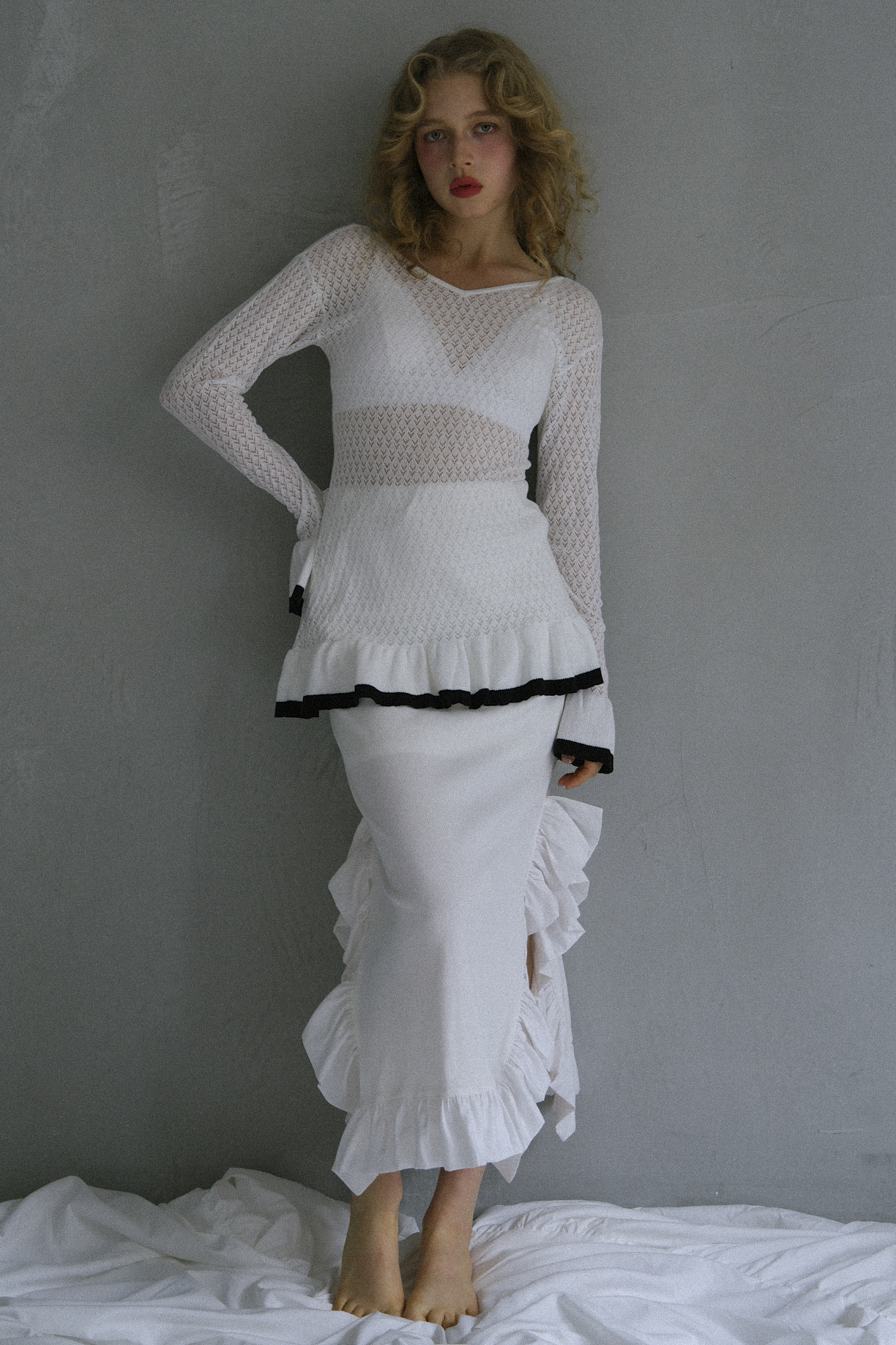 rib frill long skirt | HONEY MI HONEY