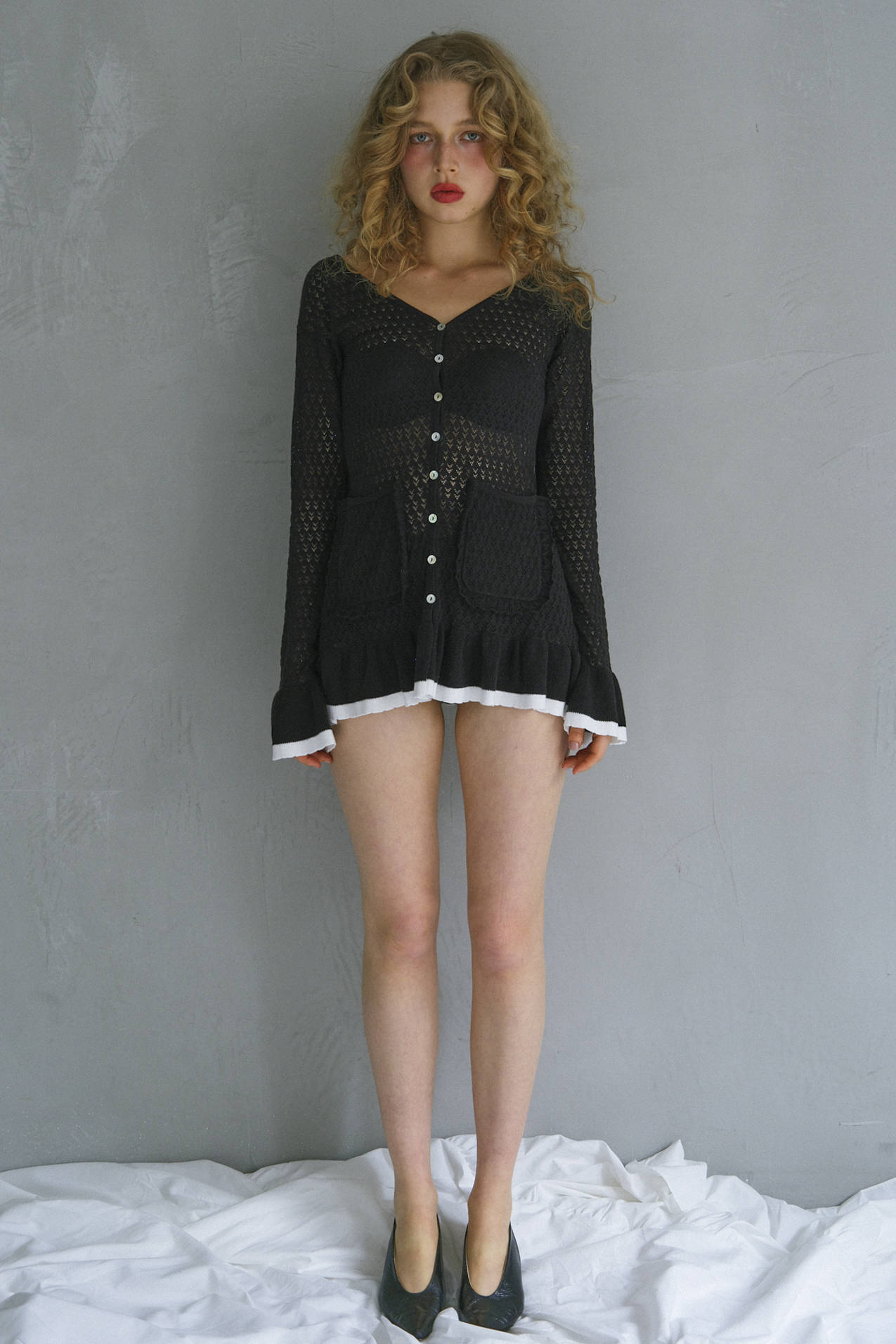crochet frill knit tunic cardigan | HONEY MI HONEY