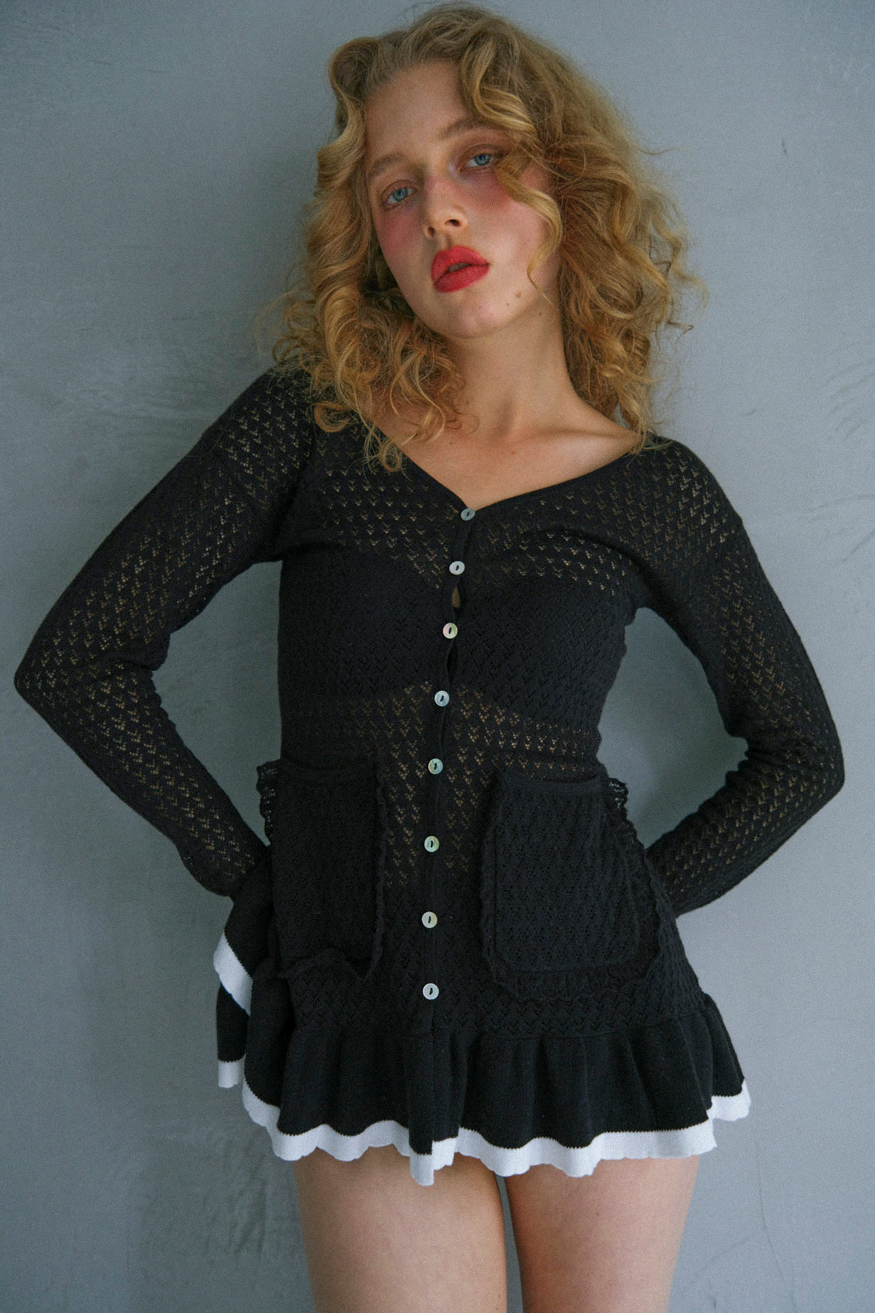 【HONEY MI HONEY】crochet frill knit tunic cardigan