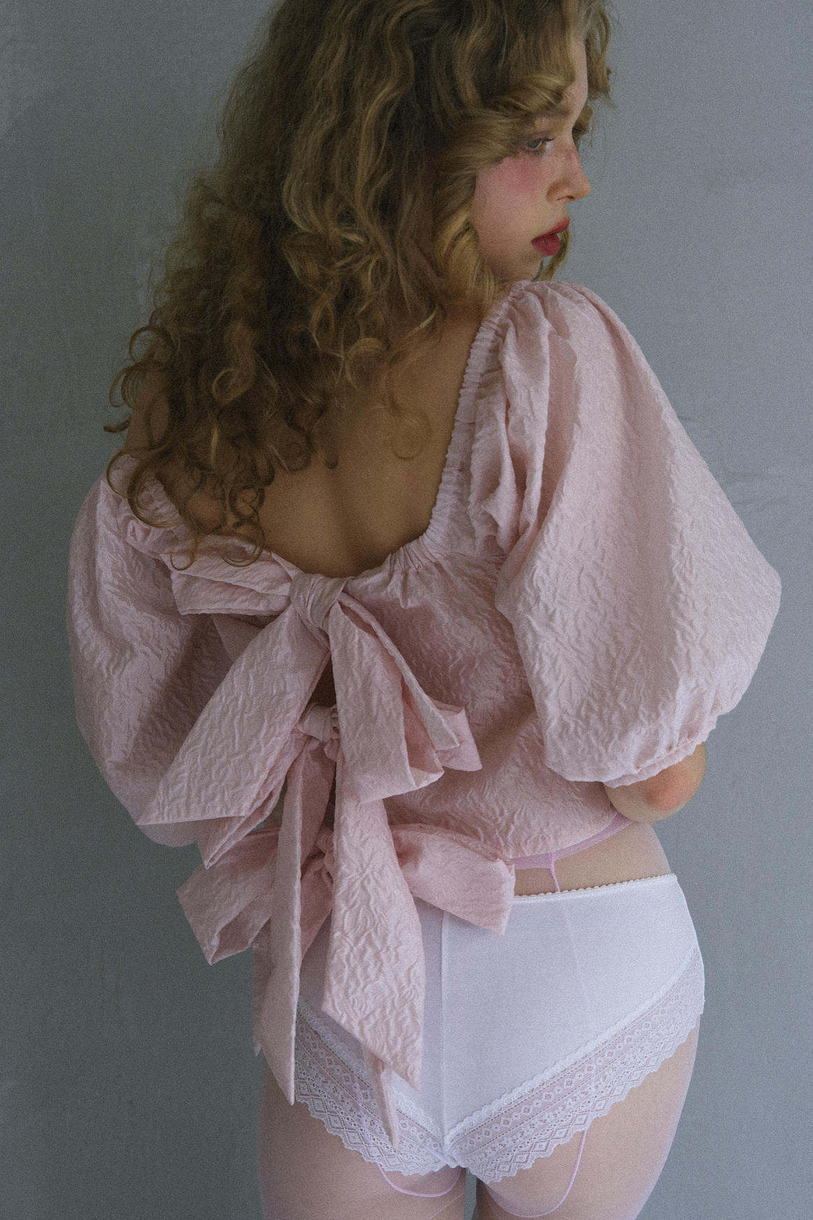 【HONEY MI HONEY】jacquard ribbon puff blouse