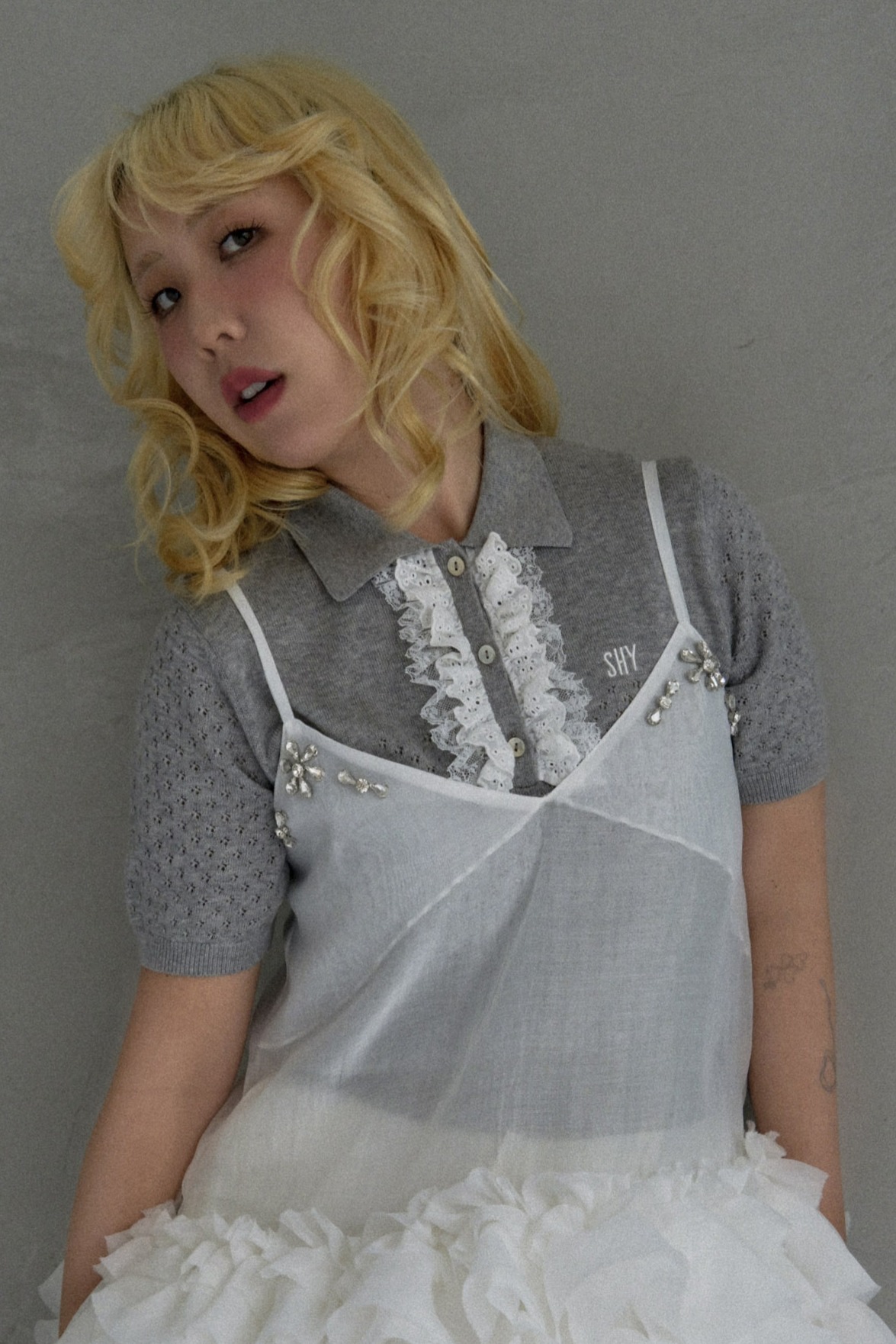 【SHY】lace frill knit polo