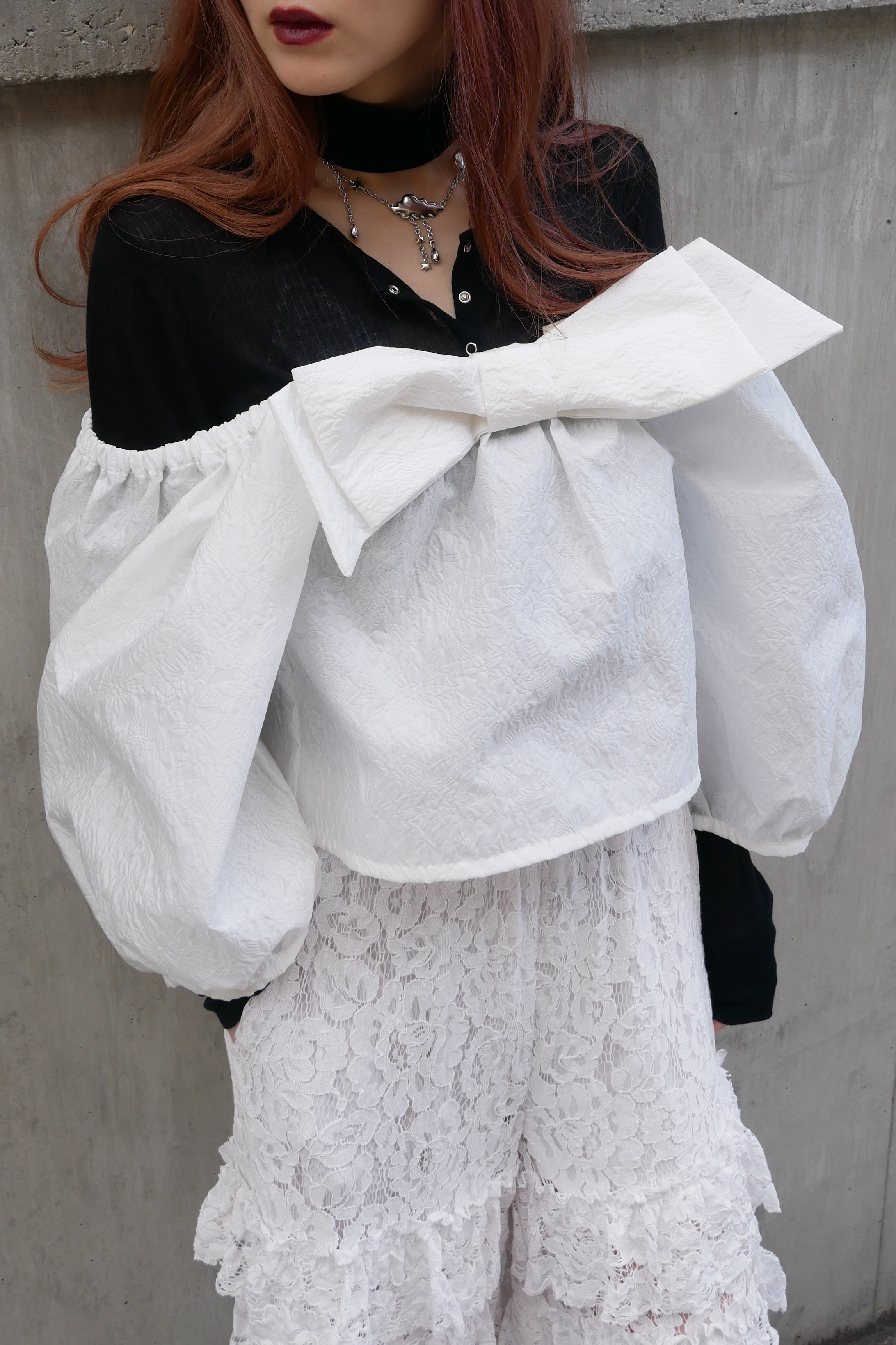 jacquard ribbon puff blouse | HONEY MI HONEY