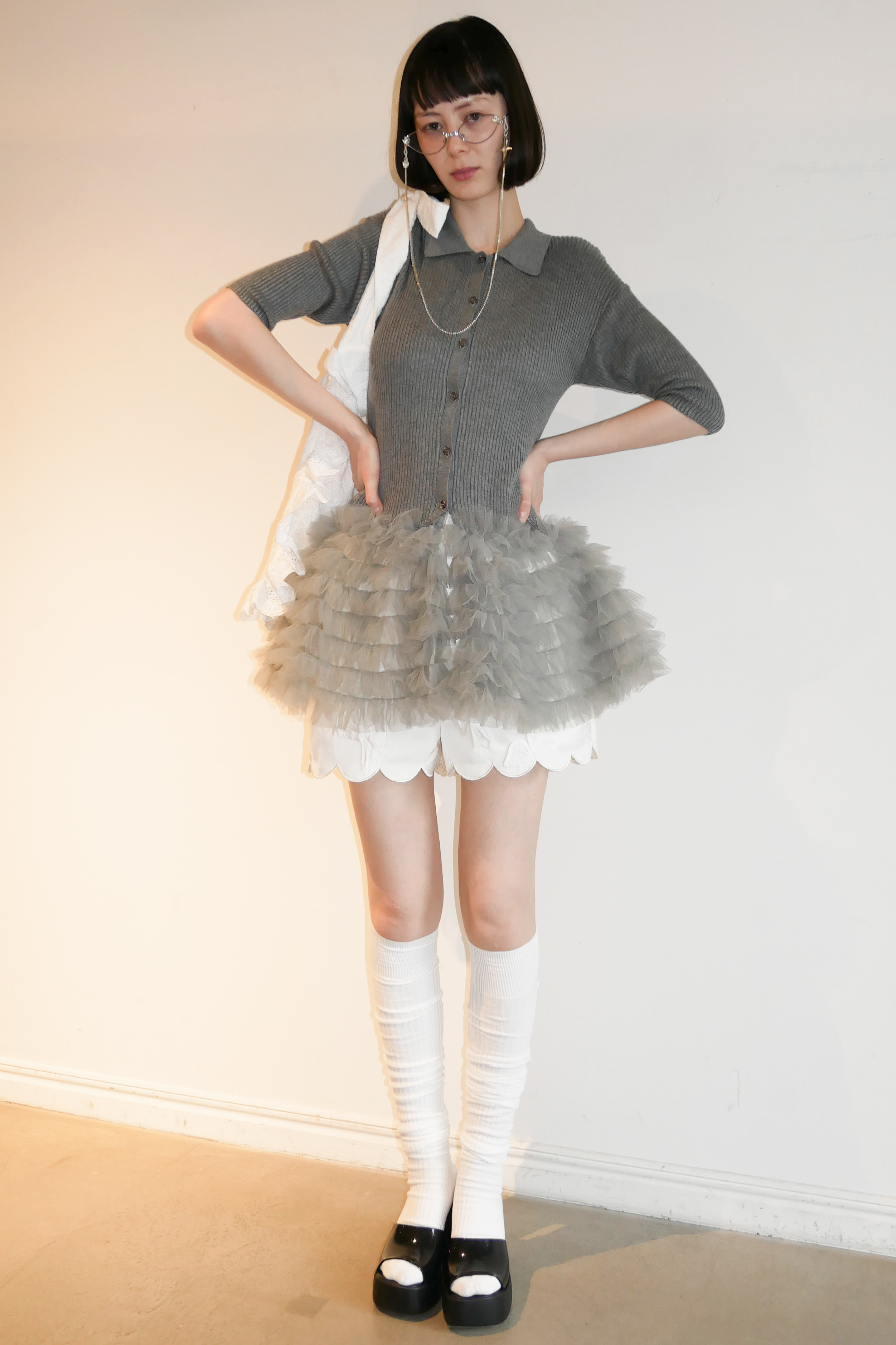 HONEY MI HONEY】tulle peplum short sleeve cardigan HONEY.MALL