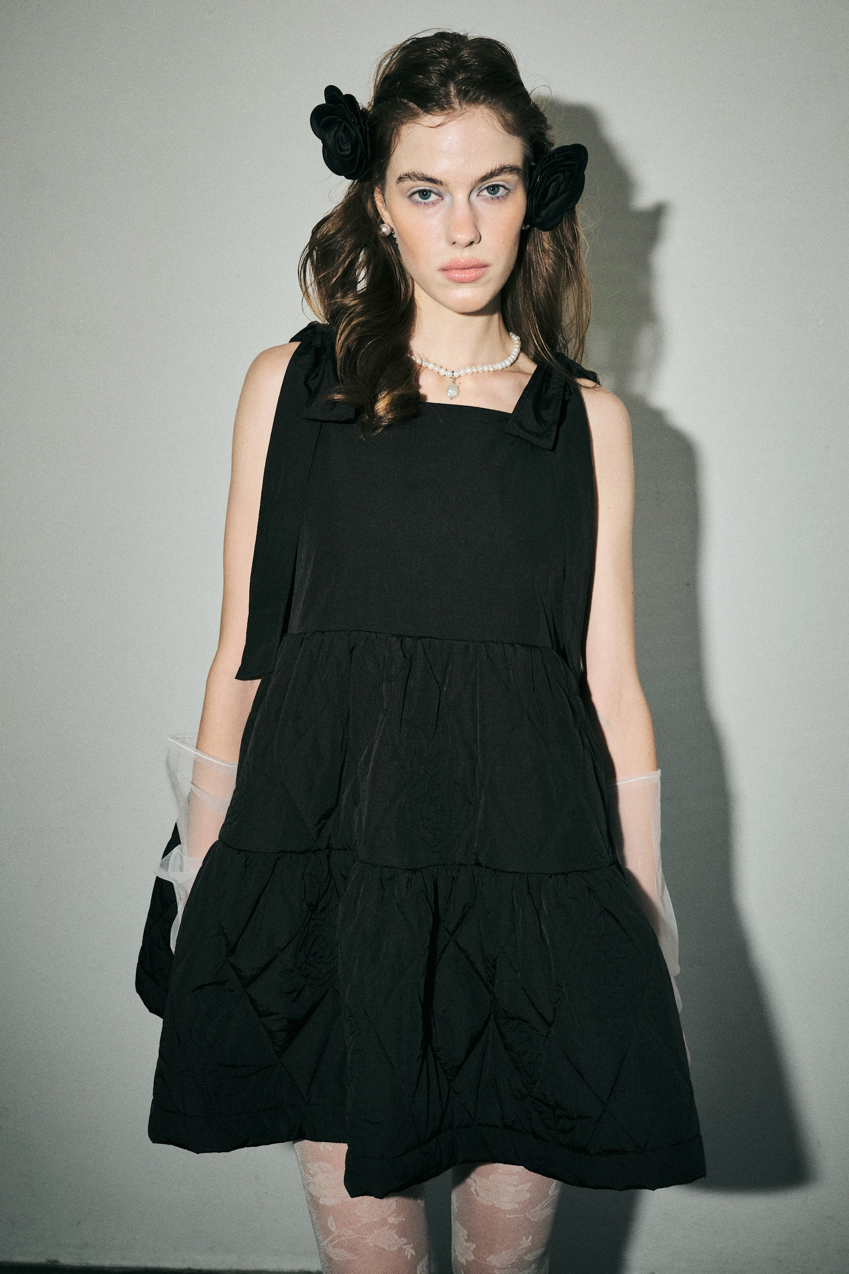 HONEY MI HONEY ノースリーブミニワンピース ブラックキルティング rose quilting ribbon mini one-piece | HONEY MI HONEY