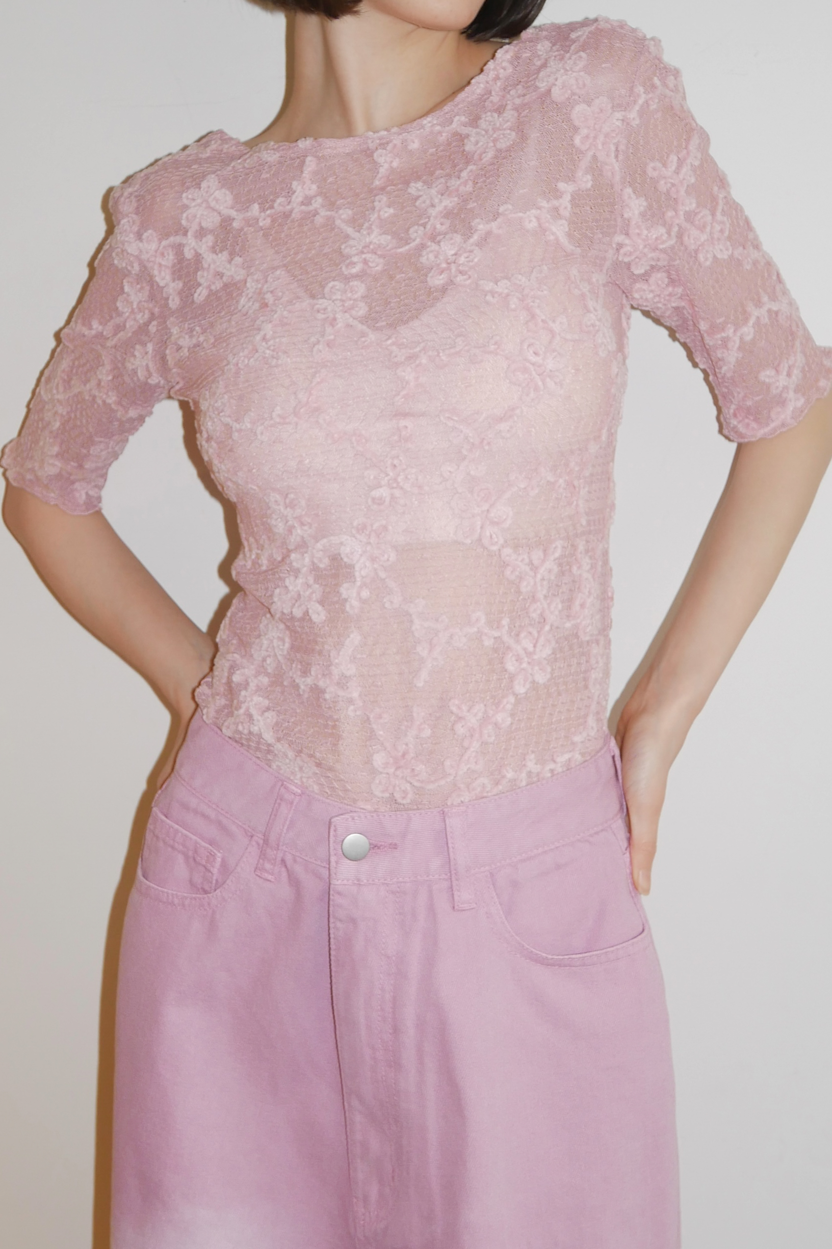 molle embroidery lace short sleeve body suit | HONEY MI HONEY