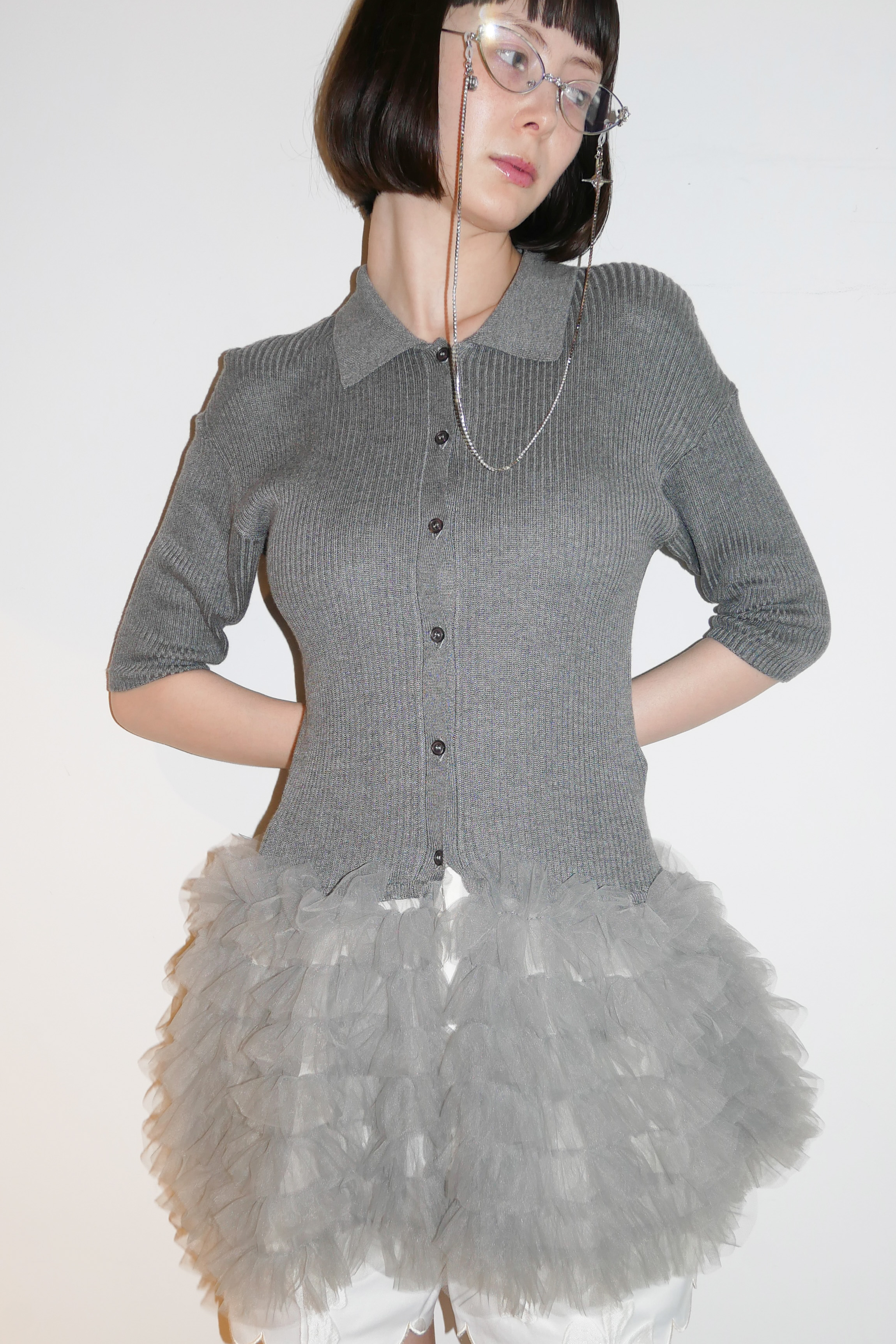 HONEY MI HONEY】tulle peplum short sleeve cardigan HONEY.MALL