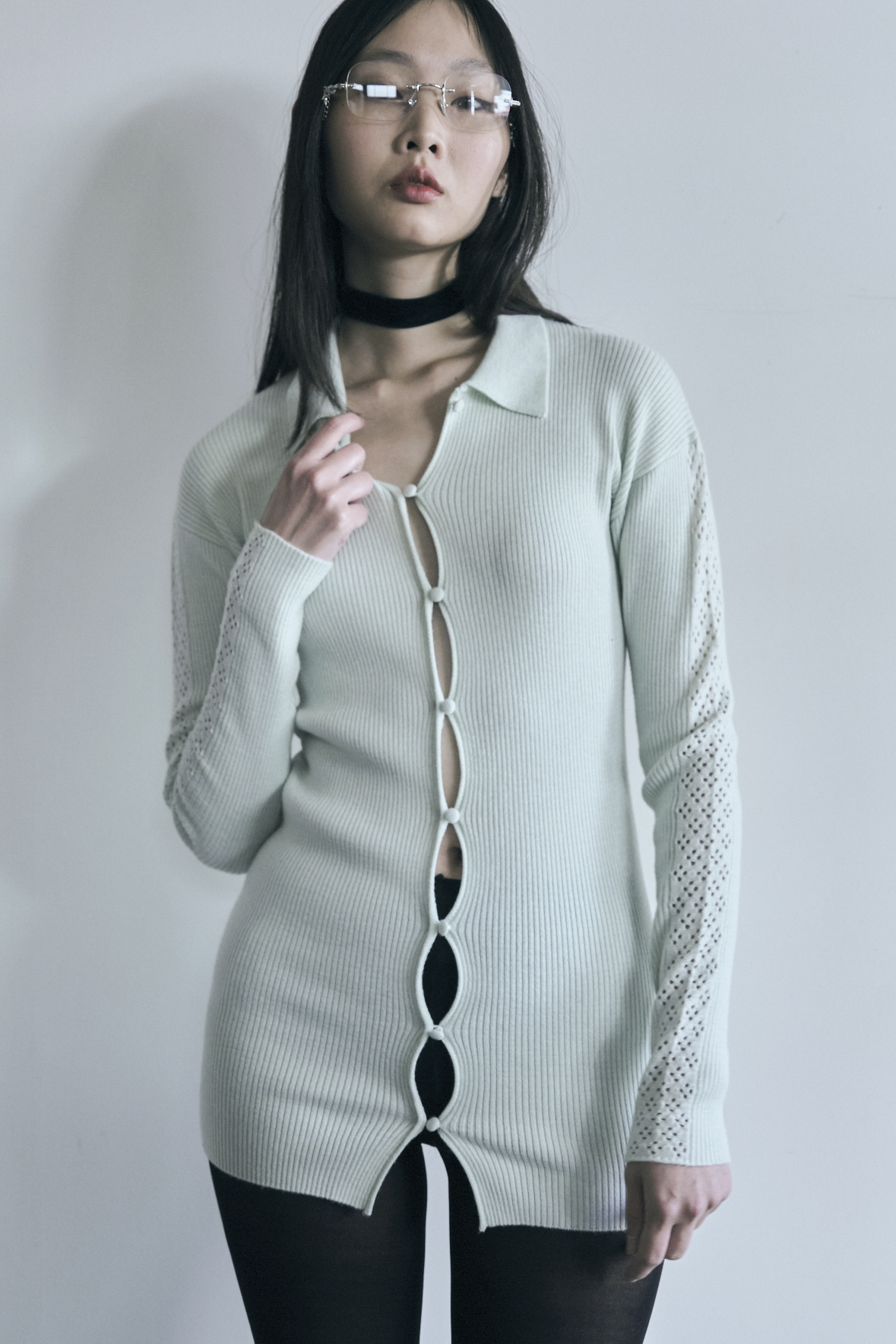 【MAISON ELLIE】line crochet polo knit cardigan