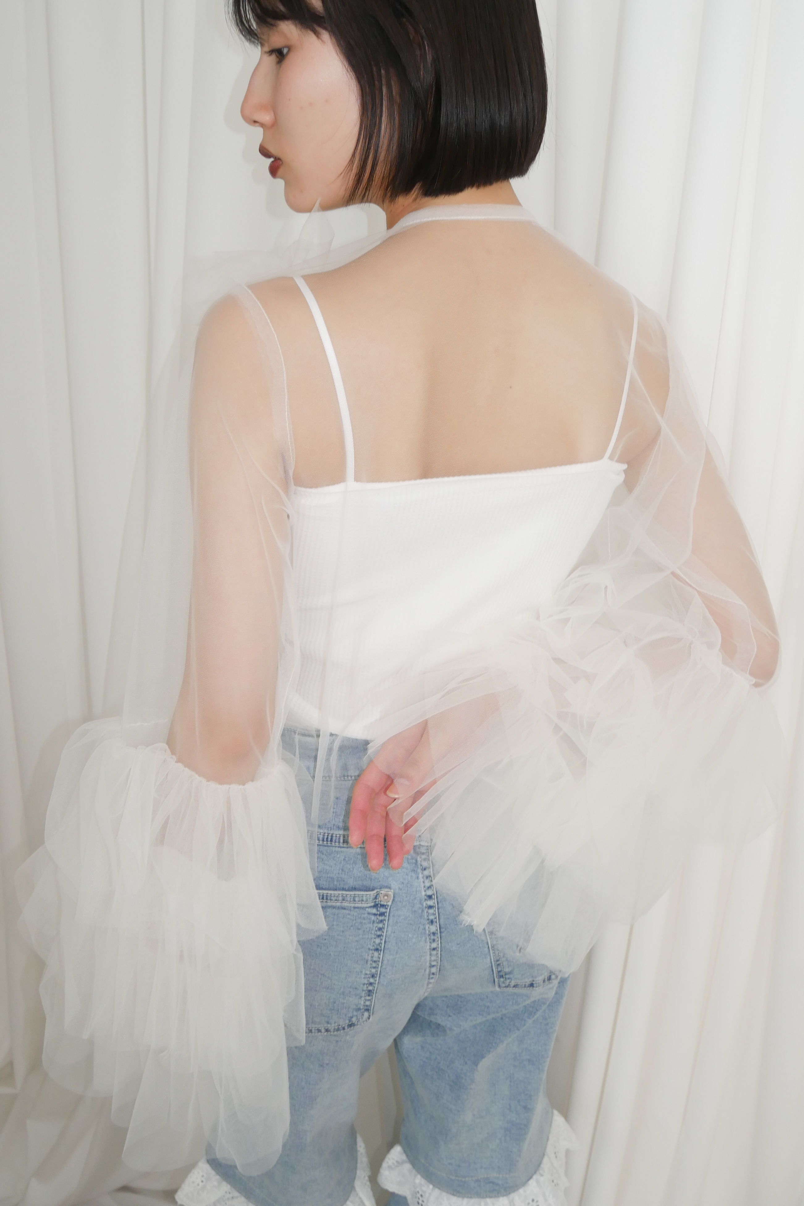 ribbon tulle tiered sleeve blouse | ESPRIT