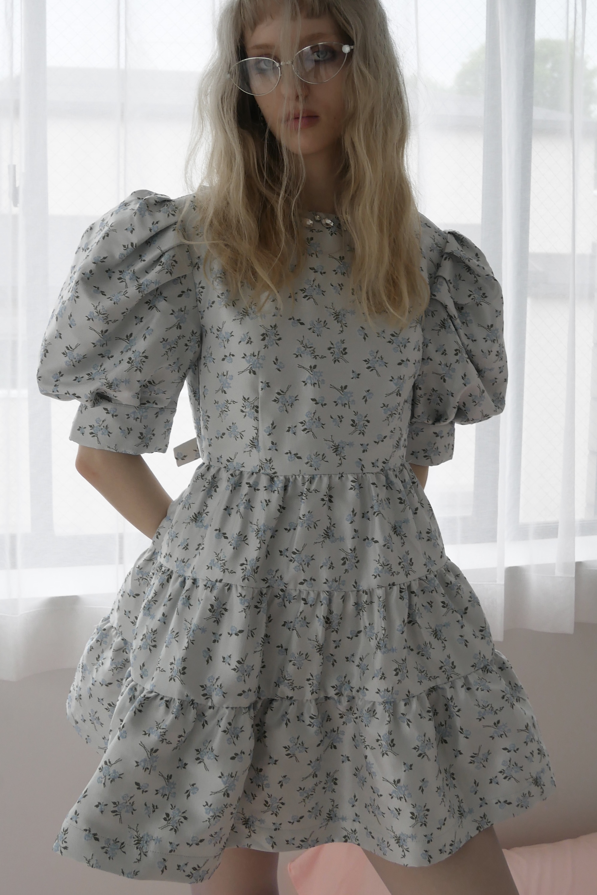【ESPRIT】floral jacquard bijou puff mini one-piece