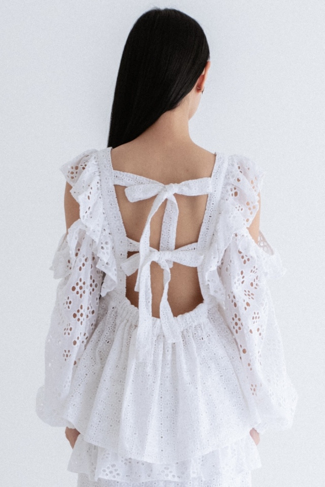 【HONEY MI HONEY】cotton lace ribbon blouse