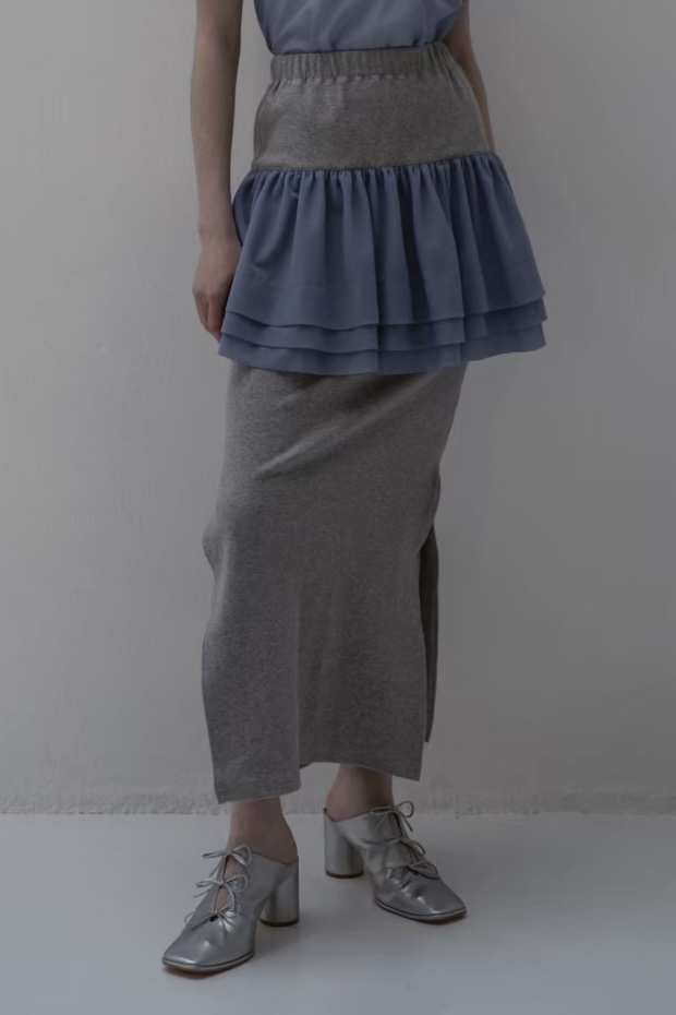 rib chiffon frill tight skirt