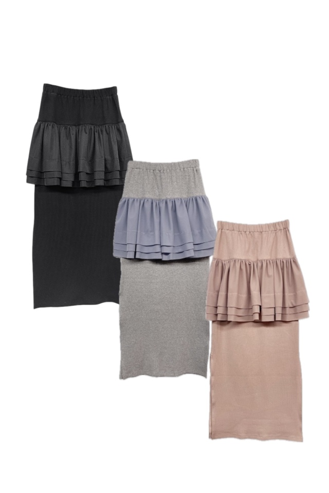 HONEY MI HONEY フリル付きタイトスカート グレー rib chiffon frill tight skirt