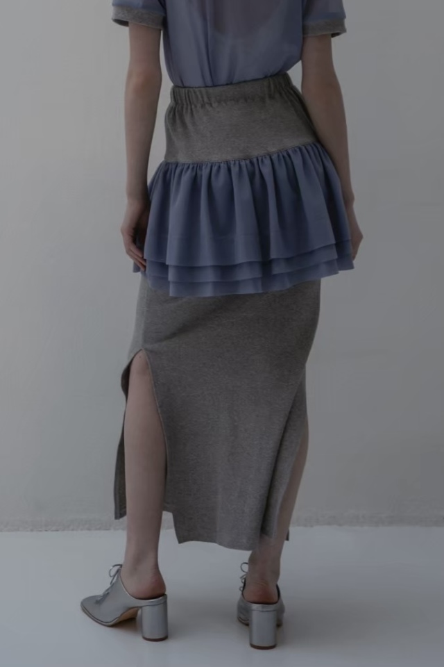 rib chiffon frill tight skirt