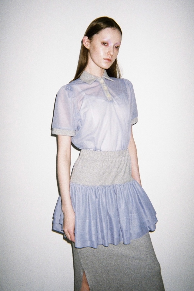 HONEY MI HONEY フリル付きタイトスカート グレー rib chiffon frill tight skirt