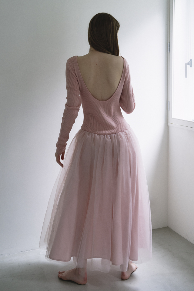 【HONEY MI HONEY】rib knit volume tulle one-piece