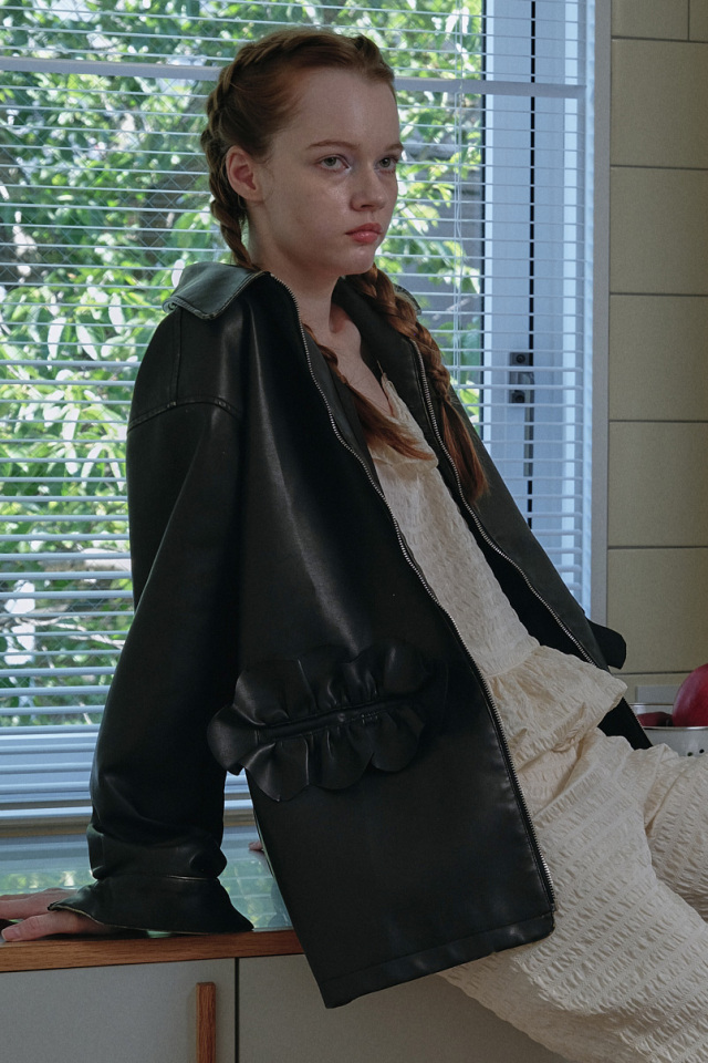 【HONEY MI HONEY】frill pocket leather like blouson