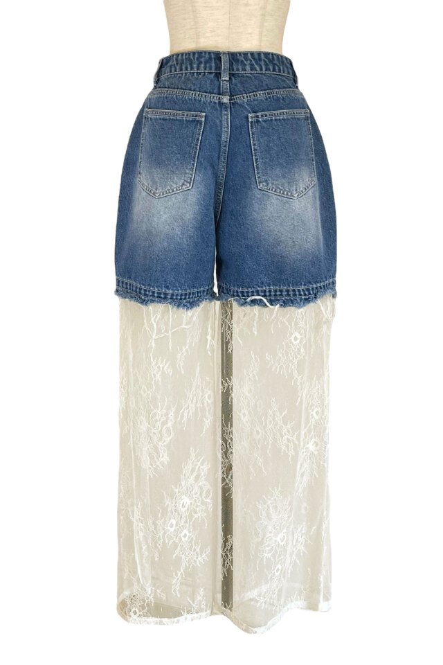 lace layered denim short pants