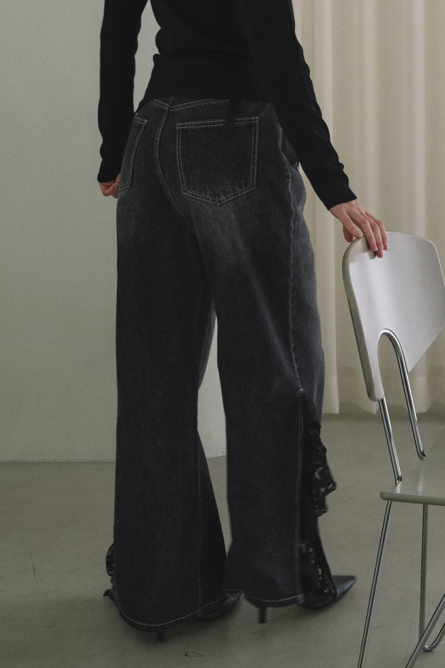 HONEY MI HONEY｜レースフリルワイドデニムパンツ｜サイドレースで