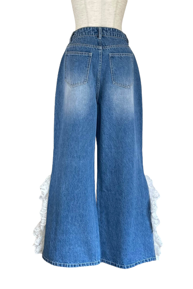 lace frill wide denim pants