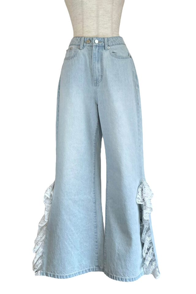 lace frill wide denim pants