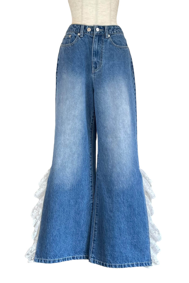 lace frill wide denim pants