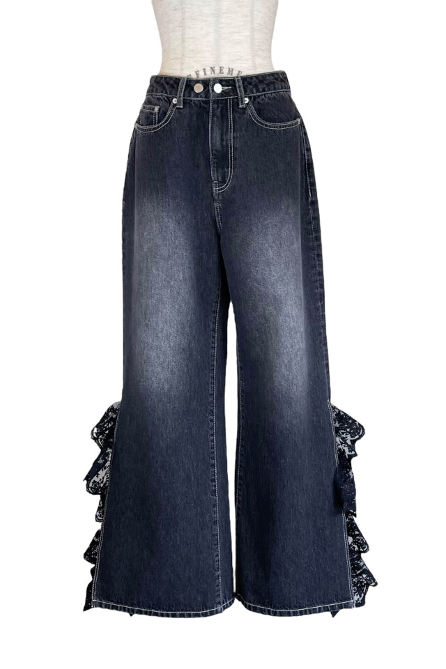 HONEY MI HONEY｜レースフリルワイドデニムパンツ｜サイドレースで  