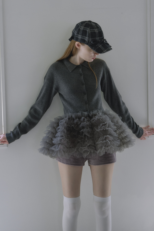 【HONEY MI HONEY】tulle peplum polo knit cardigan