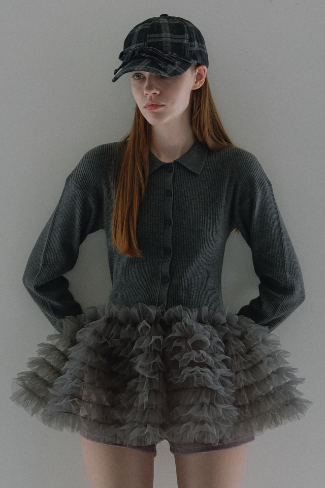 【HONEY MI HONEY】tulle peplum polo knit cardigan