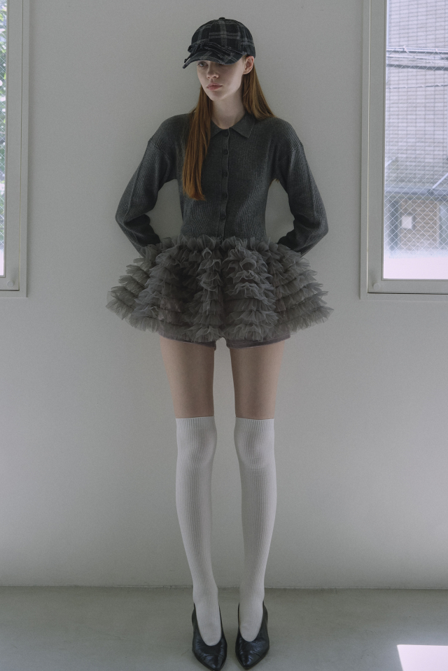 tulle peplum polo knit cardigan