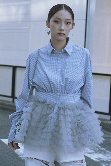 【HONEY MI HONEY】tulle peplum shirt