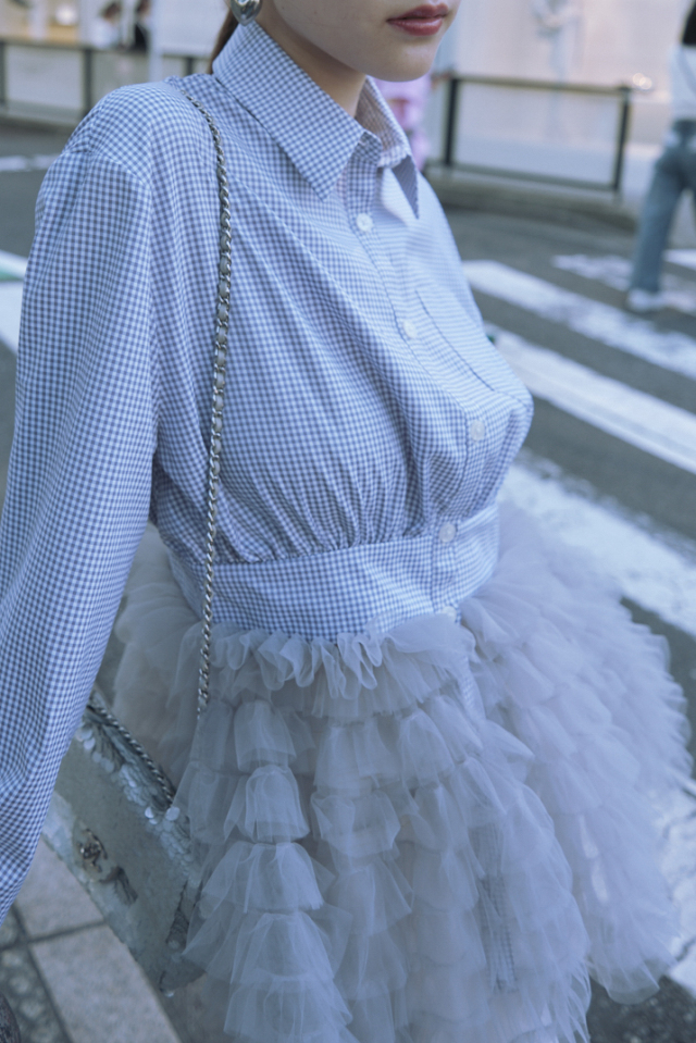 【HONEY MI HONEY】チュールブラウス HONEY MI HONEY｜チュールペプラムシャツ｜ふんわりチュールで