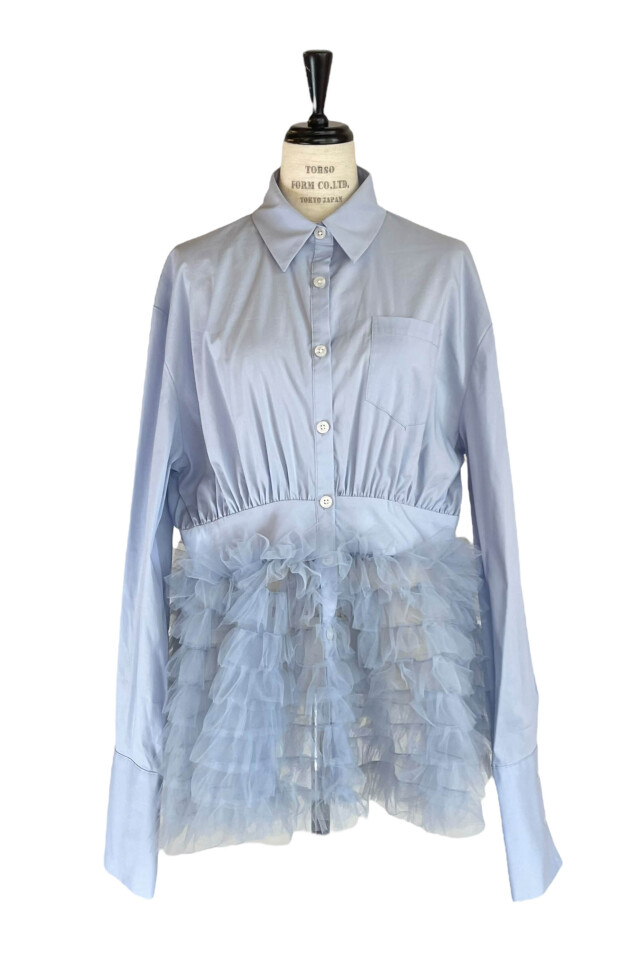 HONEY MI HONEY｜チュールペプラムシャツ｜ふんわりチュールで魅せる