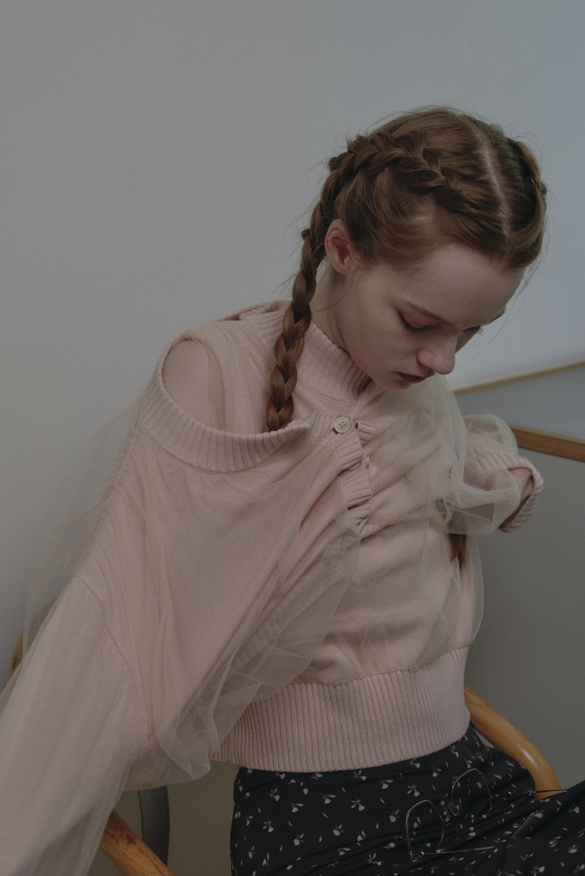 トップス HONEY MI HONEY volume tulle knit tops tulle peplum shirt