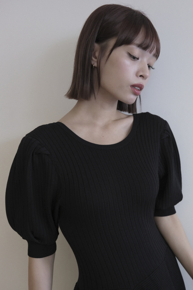 puff sleeve rib knit one-piece
