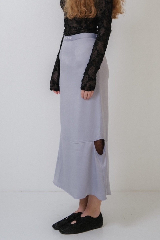 日本製HONEY　MI　HONEYのsatin hemfrill パンツ dreamy satin wide pants