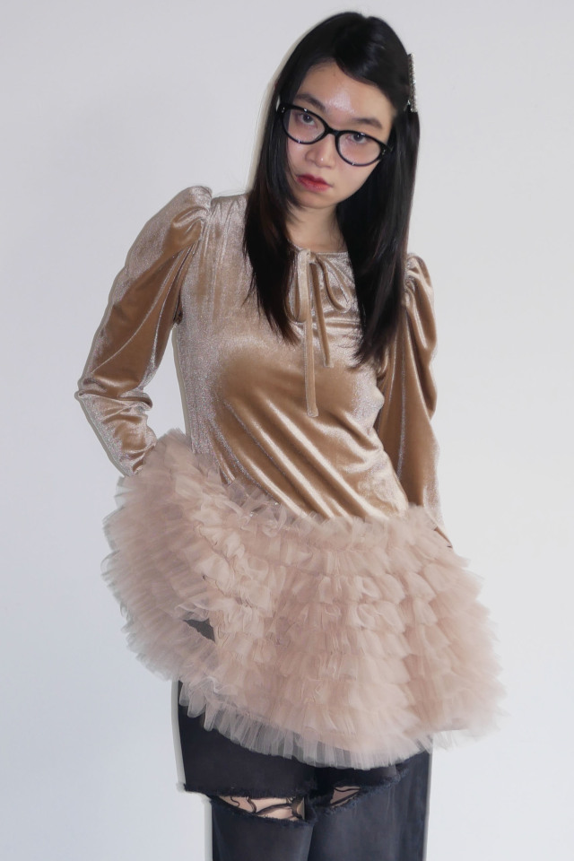 【HONEY MI HONEY】velour ribbon tulle mini one-piece