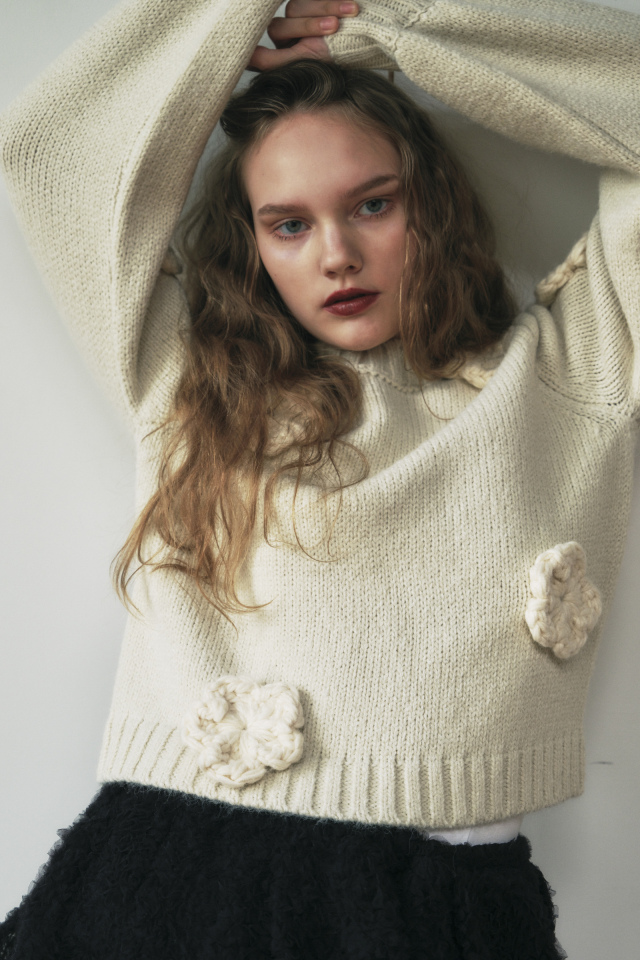 HONEY MI HONEY｜立体フラワーニット｜レディース パフスリーブセーター