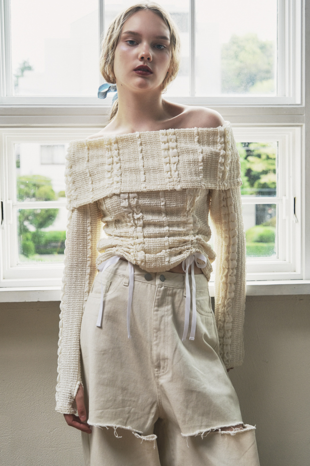 【HONEY MI HONEY】drawstring ribbon off-shoulder top