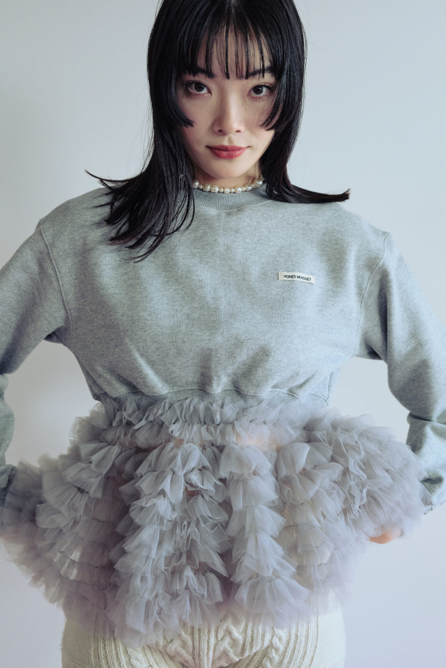 【HONEY MI HONEY】tulle peplum sweat