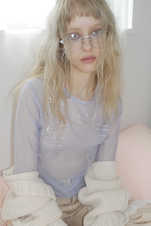 【HONEY MI HONEY】line stone ribbon tulle tops
