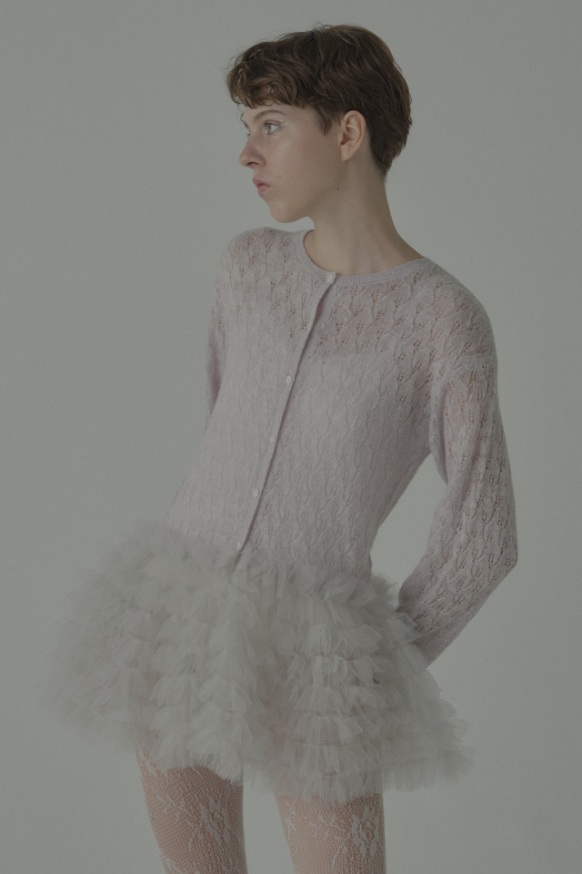 【HONEY MI HONEY】sheer mohair tulle peplum cardigan