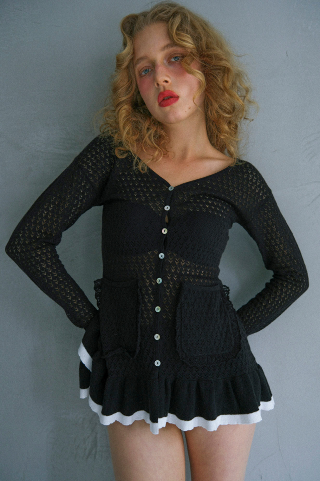 【HONEY MI HONEY】crochet frill knit tunic cardigan