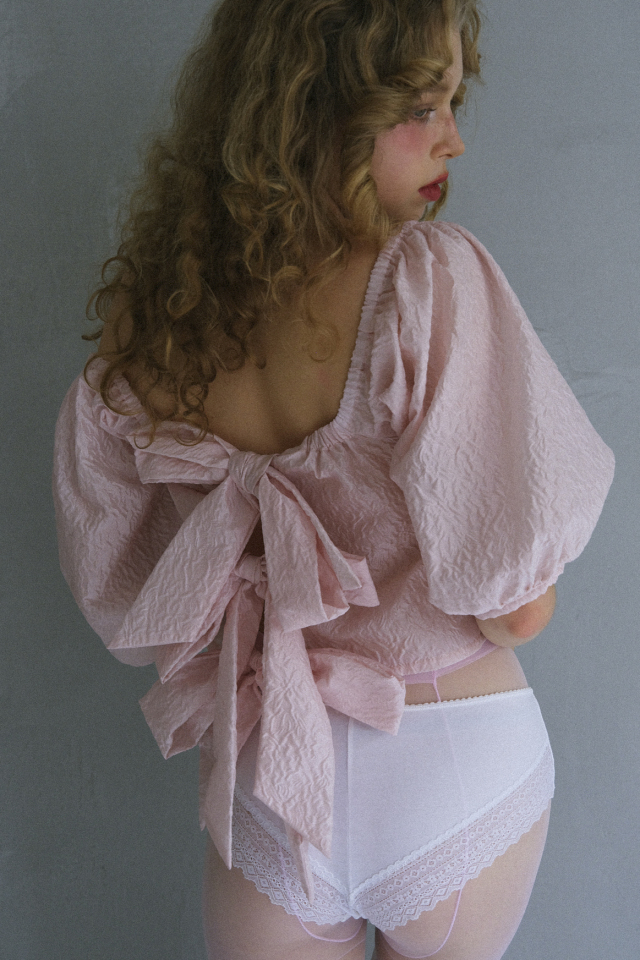 【HONEY MI HONEY】jacquard ribbon puff blouse