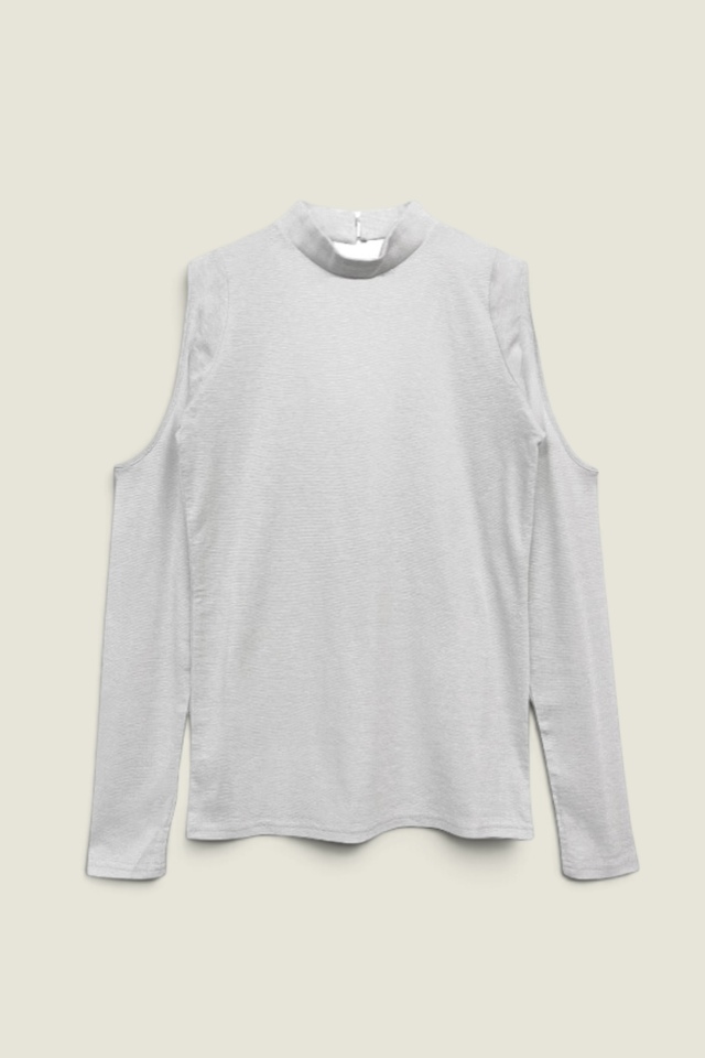 【HONEY MI HONEY】shoulder cut off lame tops